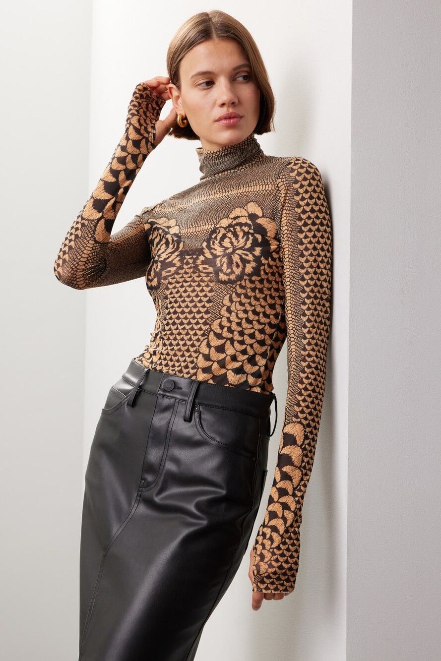 AFRM Floral Printed Zadie Nude Black Mesh Turtleneck Long Sleeve Top Size XS